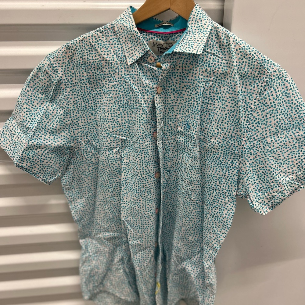 Original Penguin Blue/White/Pink Short Sleeve Button Down Shirt